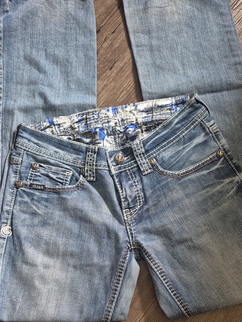 Adiktd Y2K Vintage Embellished Cross Pocket Light Wash Low Rise Flare Jeans - Picture 3 of 5